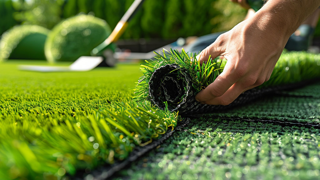 Gros plan sur les brins d'un gazon synthétique montrant la texture réaliste