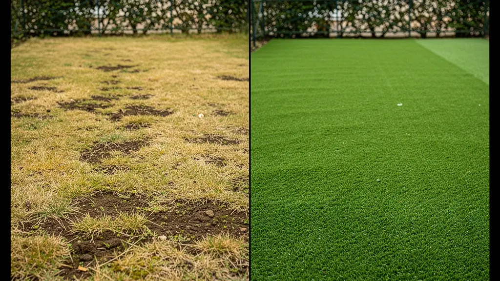 Comparaison gazon naturel jauni et gazon synthétique vert en été