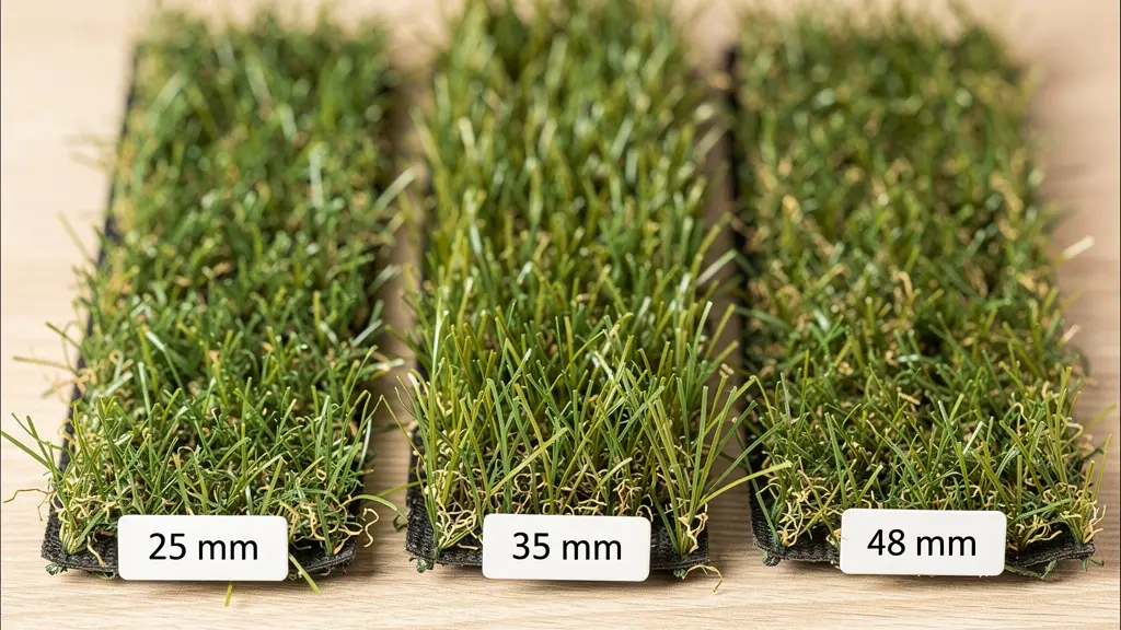 Échantillons de gazon synthétique de différentes épaisseurs sur surface bois