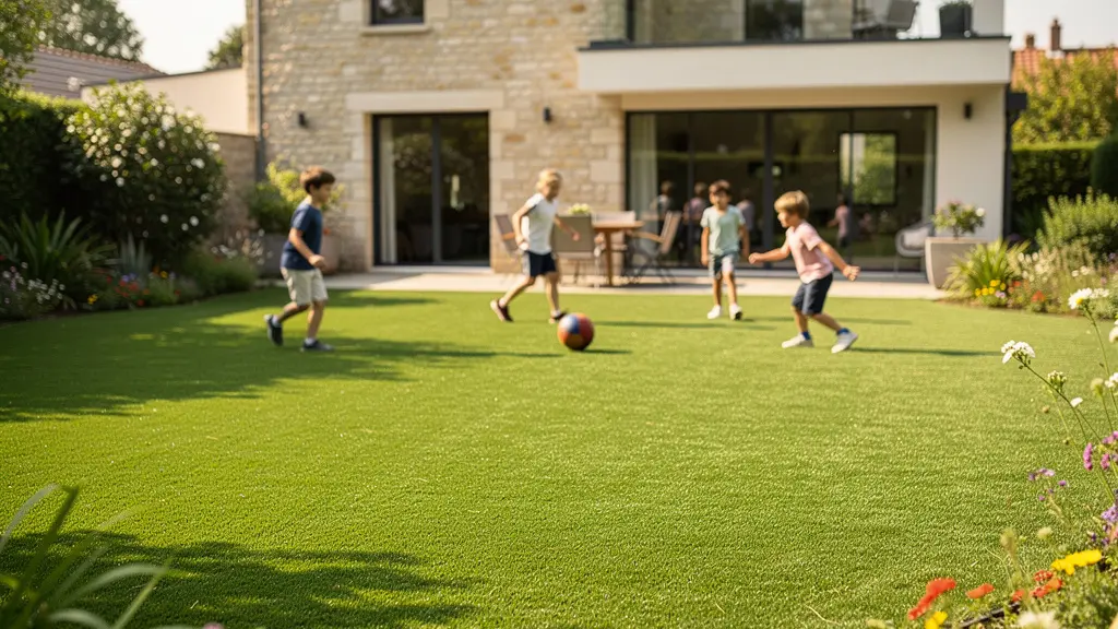 Jardin résidentiel français avec pelouse synthétique verdoyante et enfants jouant en arrière-plan