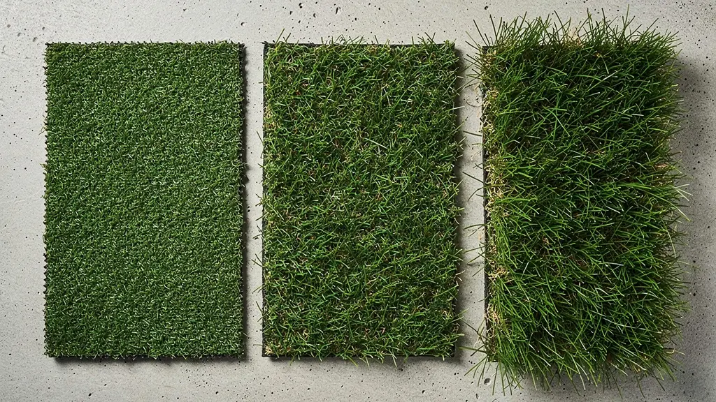 Trois échantillons de gazon synthétique de hauteurs différentes posés côte à côte
