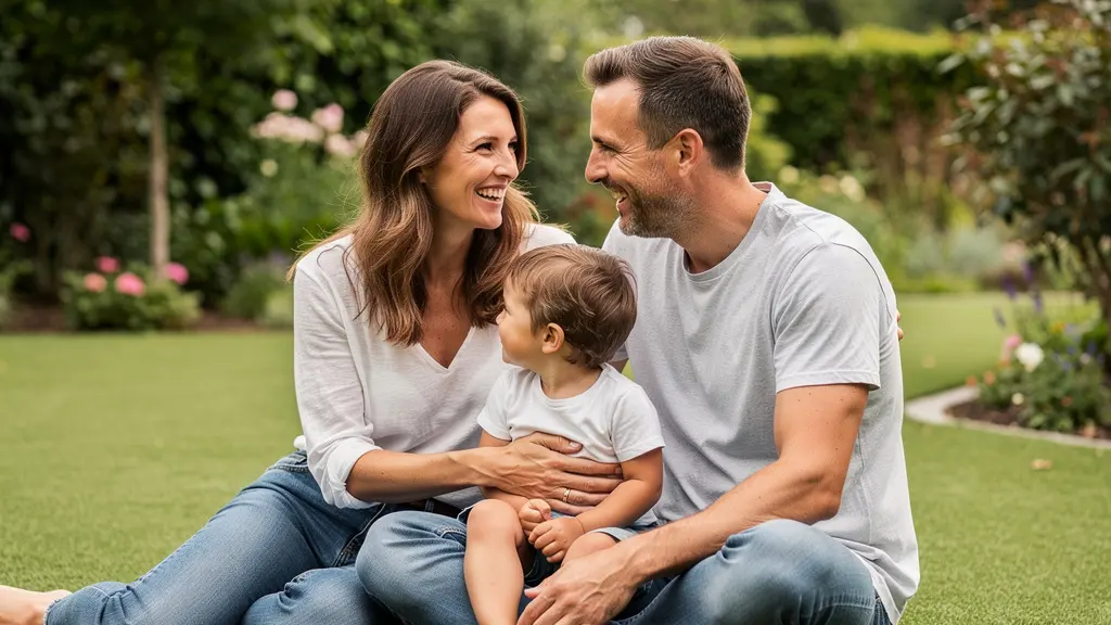 Parents et enfant profitant d'un moment de détente sur gazon synthétique