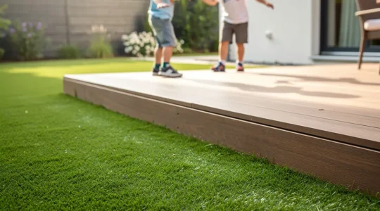 Jardin résidentiel avec pelouse synthétique verte et enfants jouant en arrière-plan