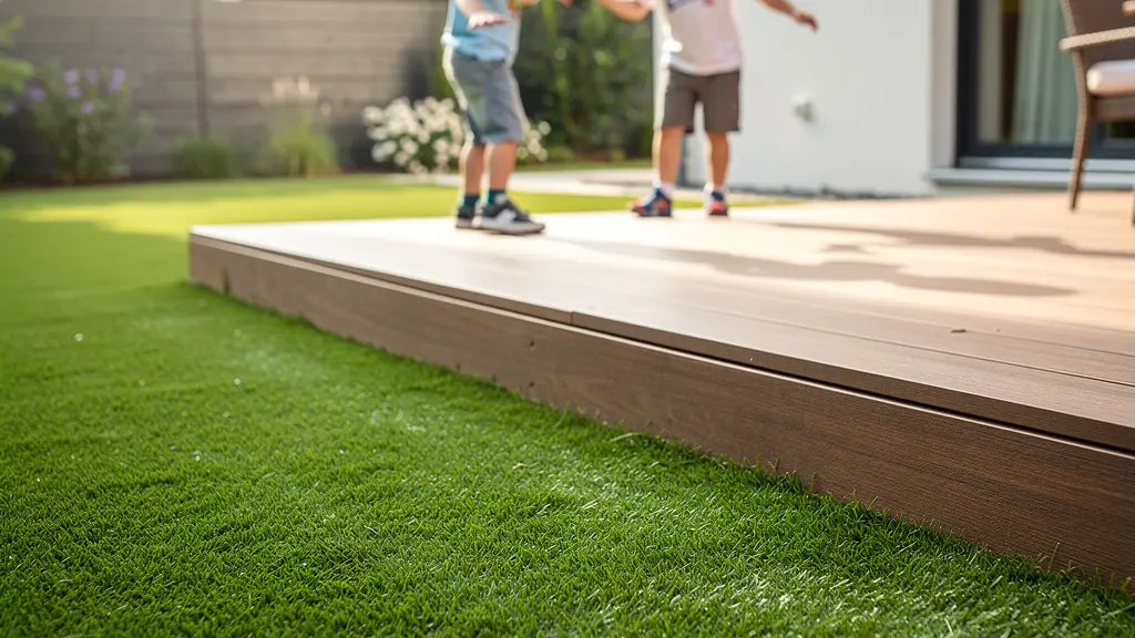 Jardin résidentiel avec pelouse synthétique verte et enfants jouant en arrière-plan
