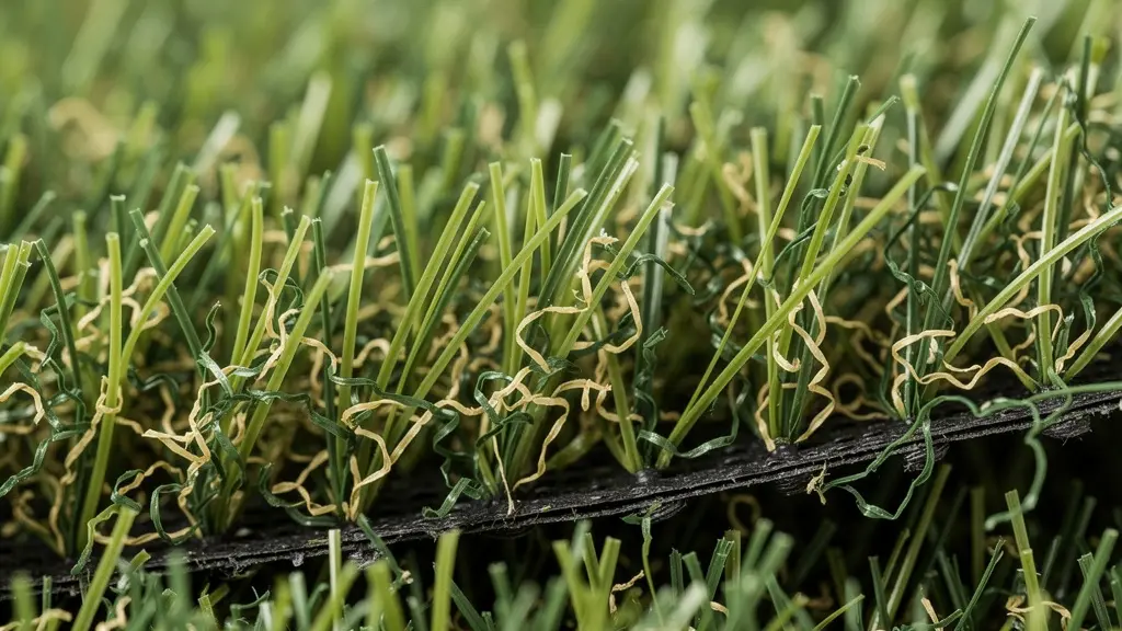 Gros plan sur les brins d'un gazon synthétique montrant la texture réaliste